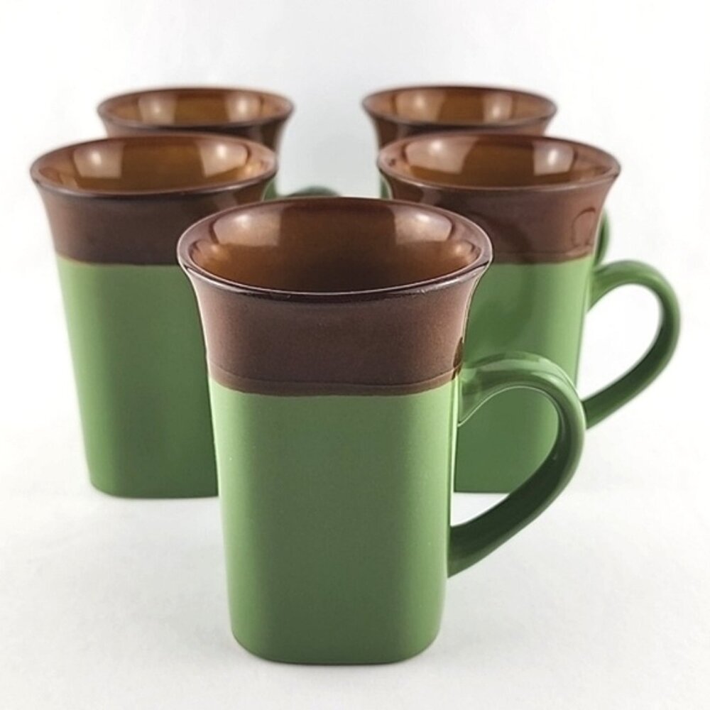 Royal Norfolk 5 Tall Mugs Quality Collectible Stoneware Green Brown